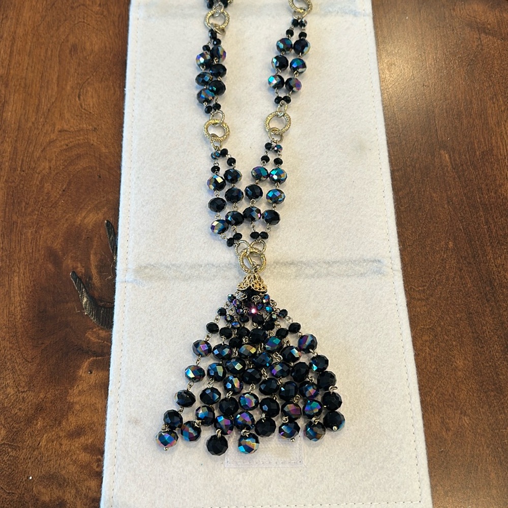 Joan Rivers Iridescent Black Purple Bead Necklace Cluster Long Necklace - New